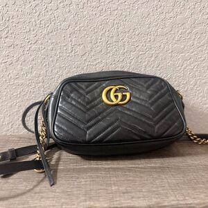 Gucci Black Chevron Crossbody Bag with Gold Logo